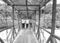 Amado Chávez y más autoridades traspasan uno de los puentes colgantes de reciente construcción.