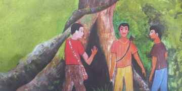 Ilustración de los cazadores a cargo de Ana Paulina Piyahuaje- Anahí Anilema.